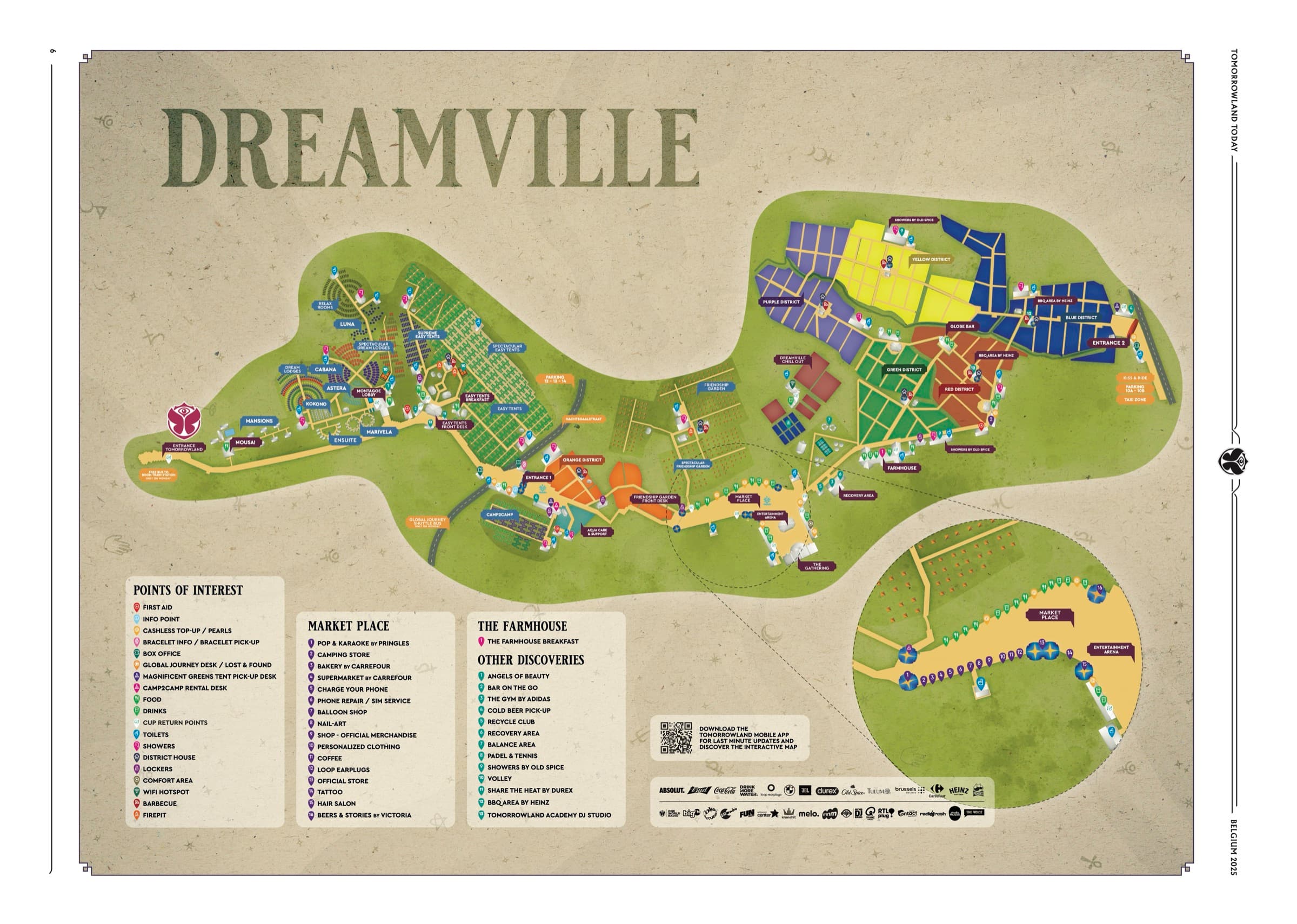 Mapa do Dreamville com os diferentes tipos de hospedagem e distritos