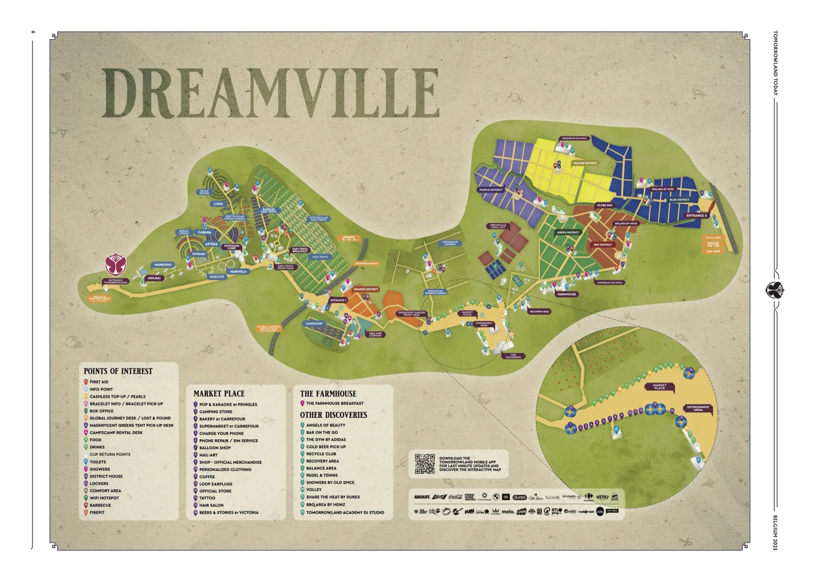 Carte de Dreamville avec les différents types d'hébergement et districts