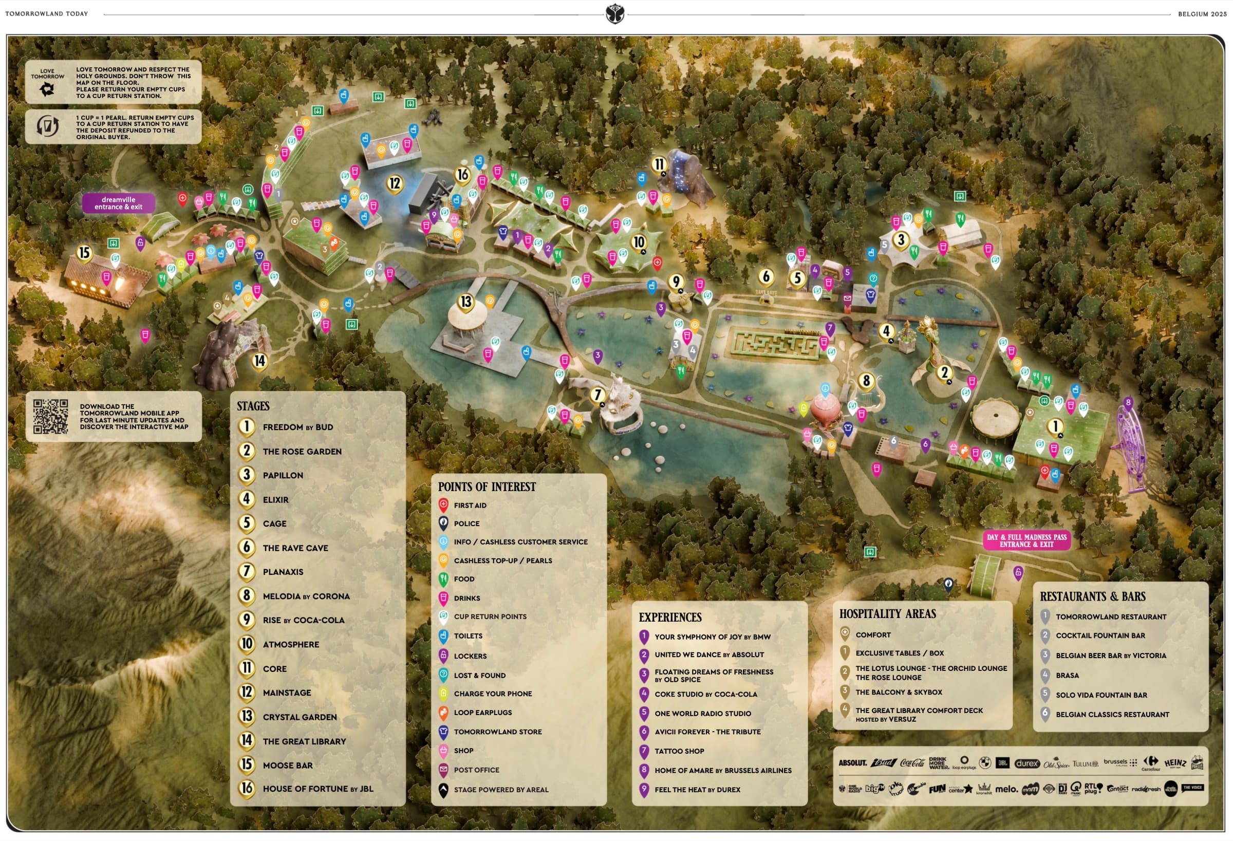 Mapa do festival Tomorrowland em De Schorre com os 16 palcos e pontos de interesse