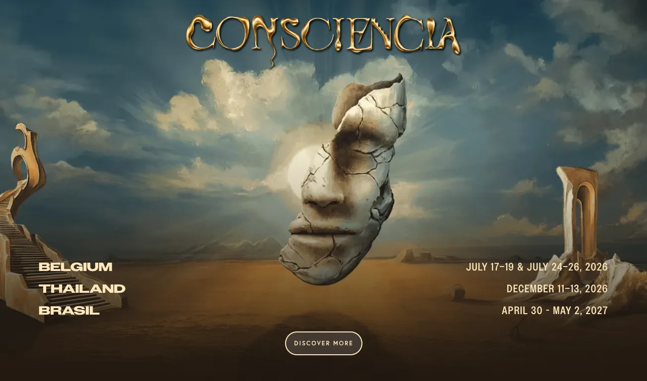 Visuel officiel du thème Consciencia : un visage de pierre fissuré flottant dans un paysage surréaliste, avec les dates des éditions Belgium, Thailand et Brasil